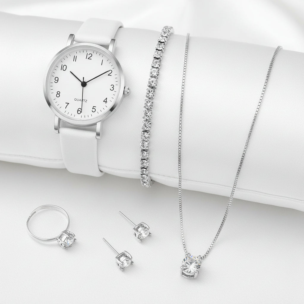Set Relojes Mujer Cuarzo — Correa de Piel y Joyería con Diamantes