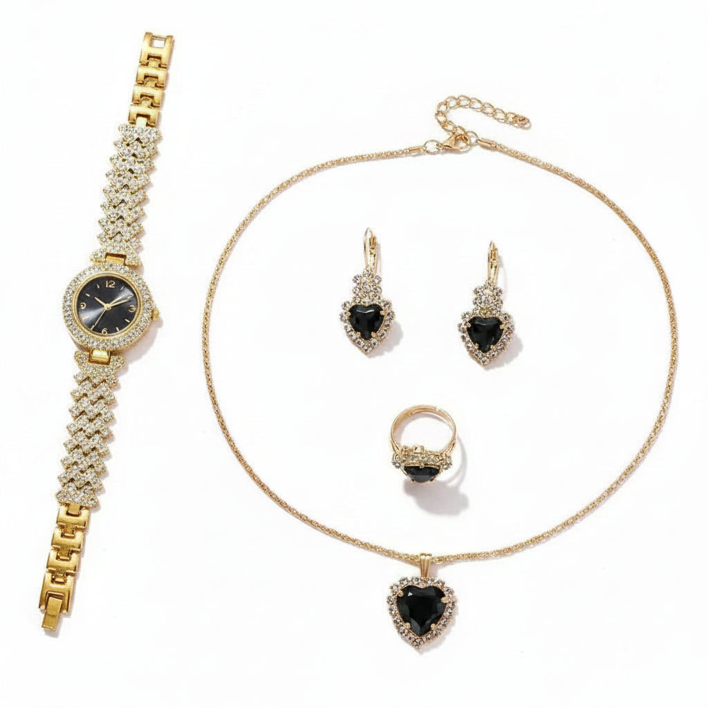 Set Reloj Dorado de Lujo con Strass y Joyería