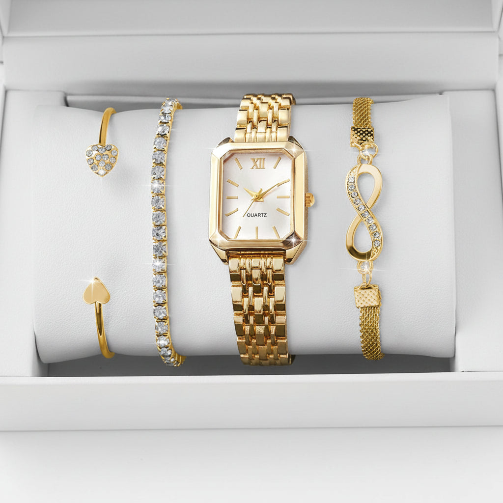 Set 4 Relojes y Pulseras Mujer — Esfera Rectangular Romana