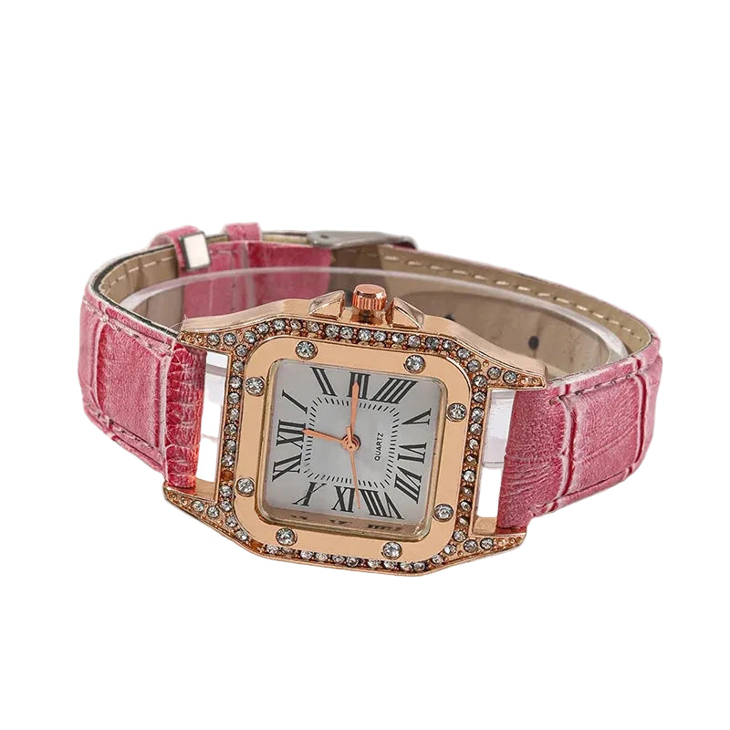 Set 6 Piezas Reloj Rosa con Correa de Cuero y Mariposa
