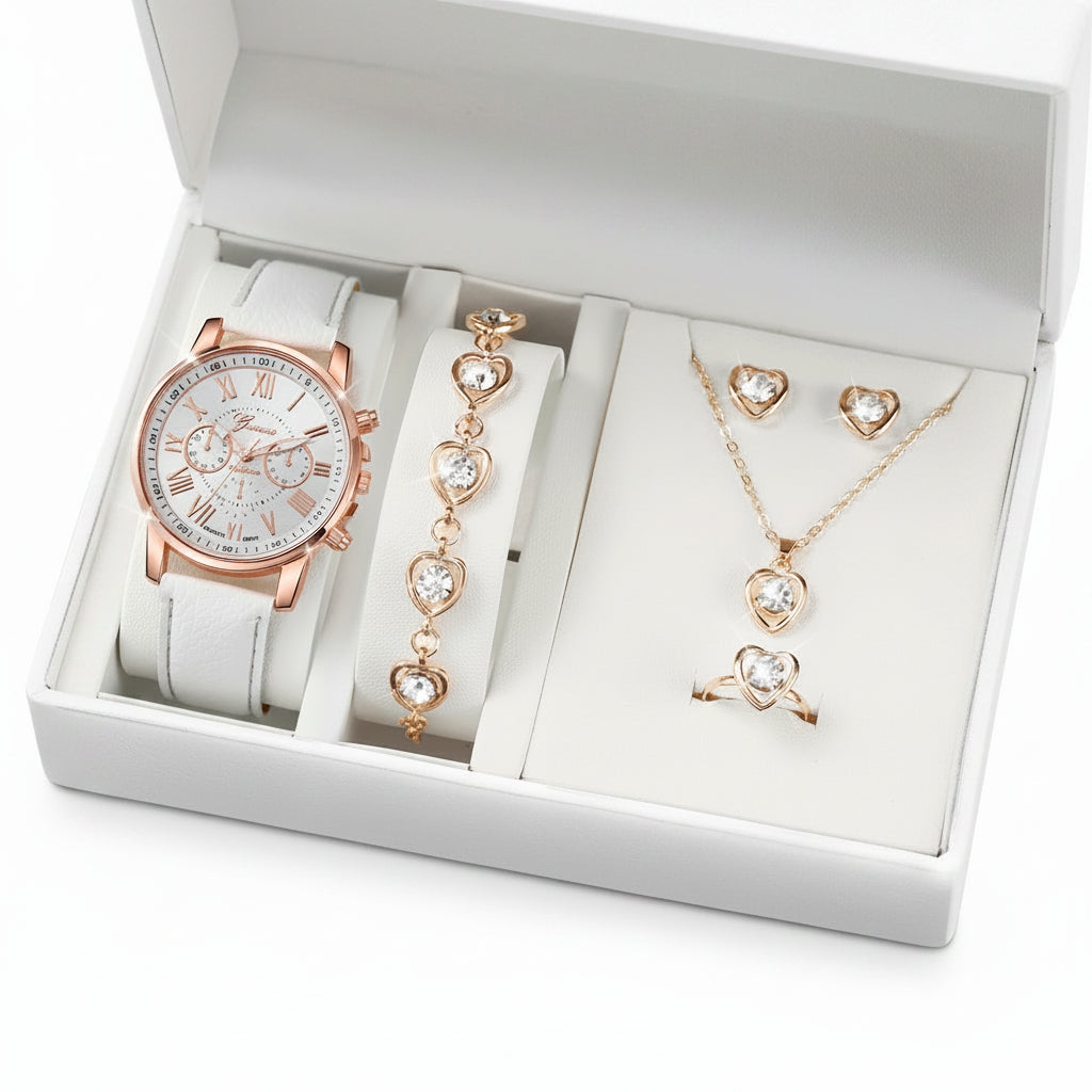 Set 6 Piezas Reloj de Cuarzo con Corazón de Strass y Joyería
