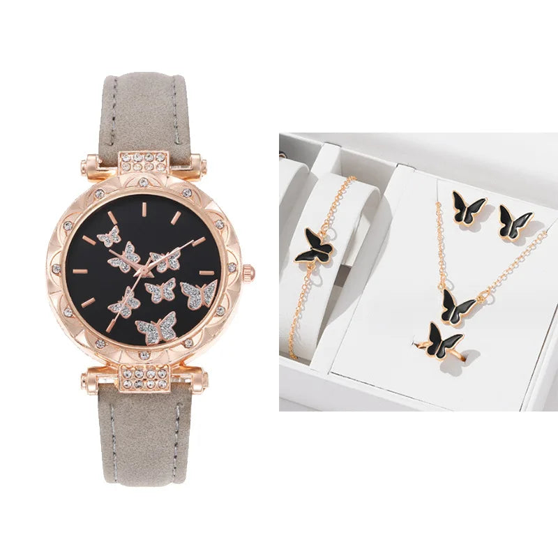 Set Reloj Mariposa con Correa de Cuero y Joyería