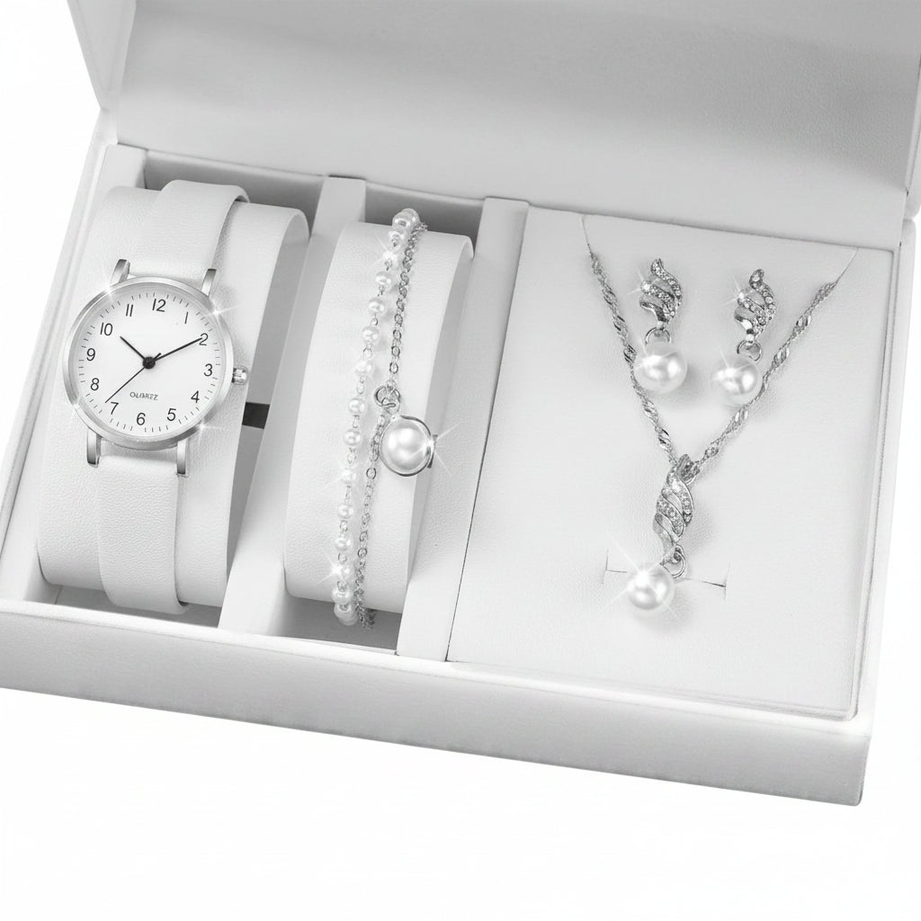 Set  Relojes Mujer Cuarzo — Correa de Piel y Joyería con Diamantes