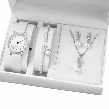 Set  Relojes Mujer Cuarzo — Correa de Piel y Joyería con Diamantes