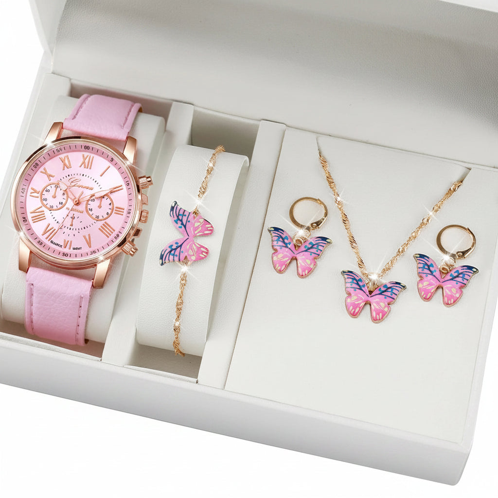 Set 6 Piezas Reloj de Cuarzo con Corazón de Strass y Joyería