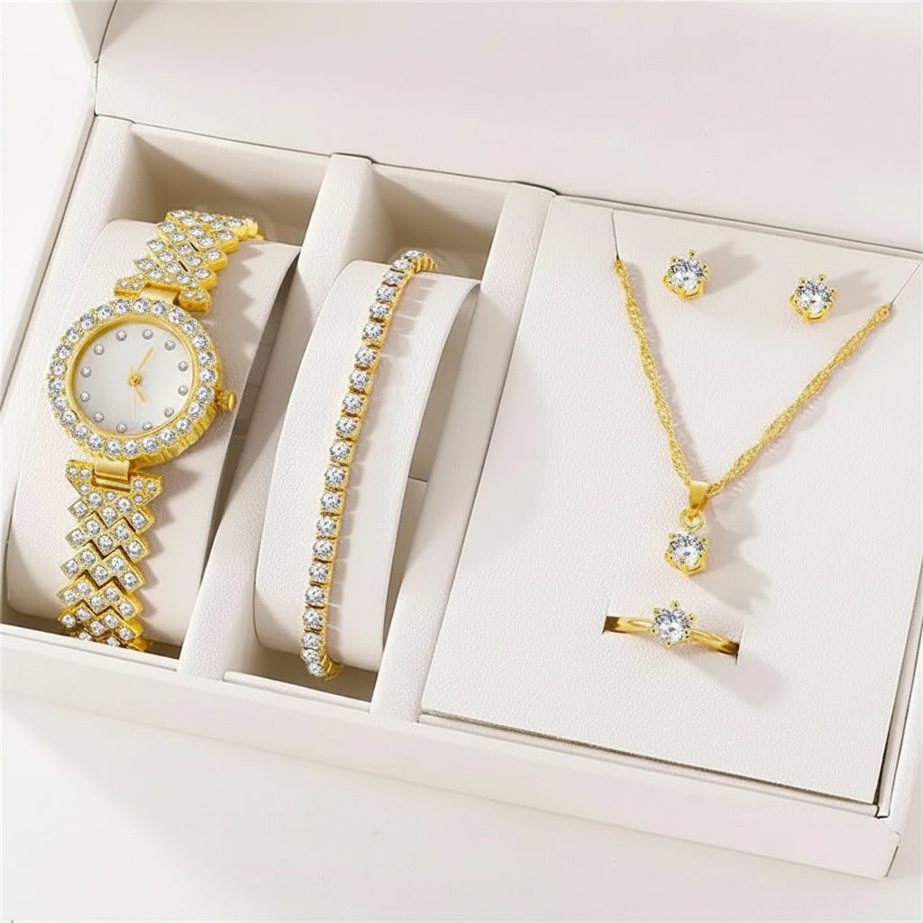 Set 6 Piezas Reloj de Lujo con Strass y Pulsera