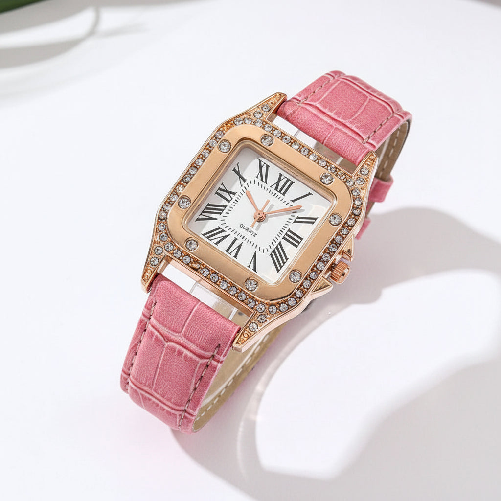 Set 6 Piezas Reloj Rosa con Correa de Cuero y Mariposa