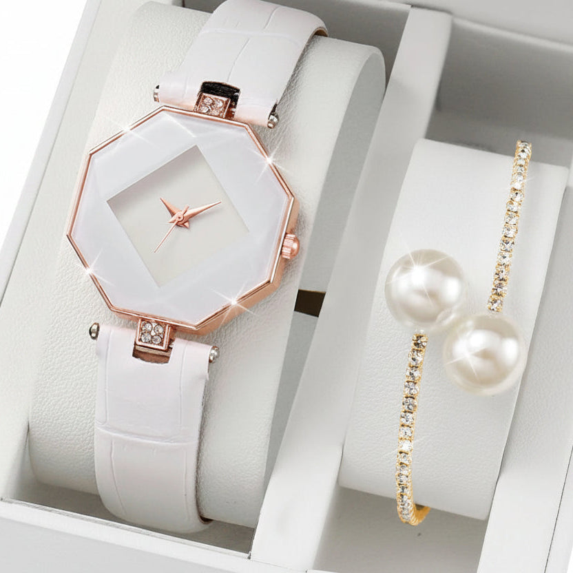 Set 2 Relojes Mujer Cuarzo — Correa de Piel y Pulsera de Perlas