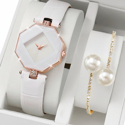 Set 2 Relojes Mujer Cuarzo — Correa de Piel y Pulsera de Perlas