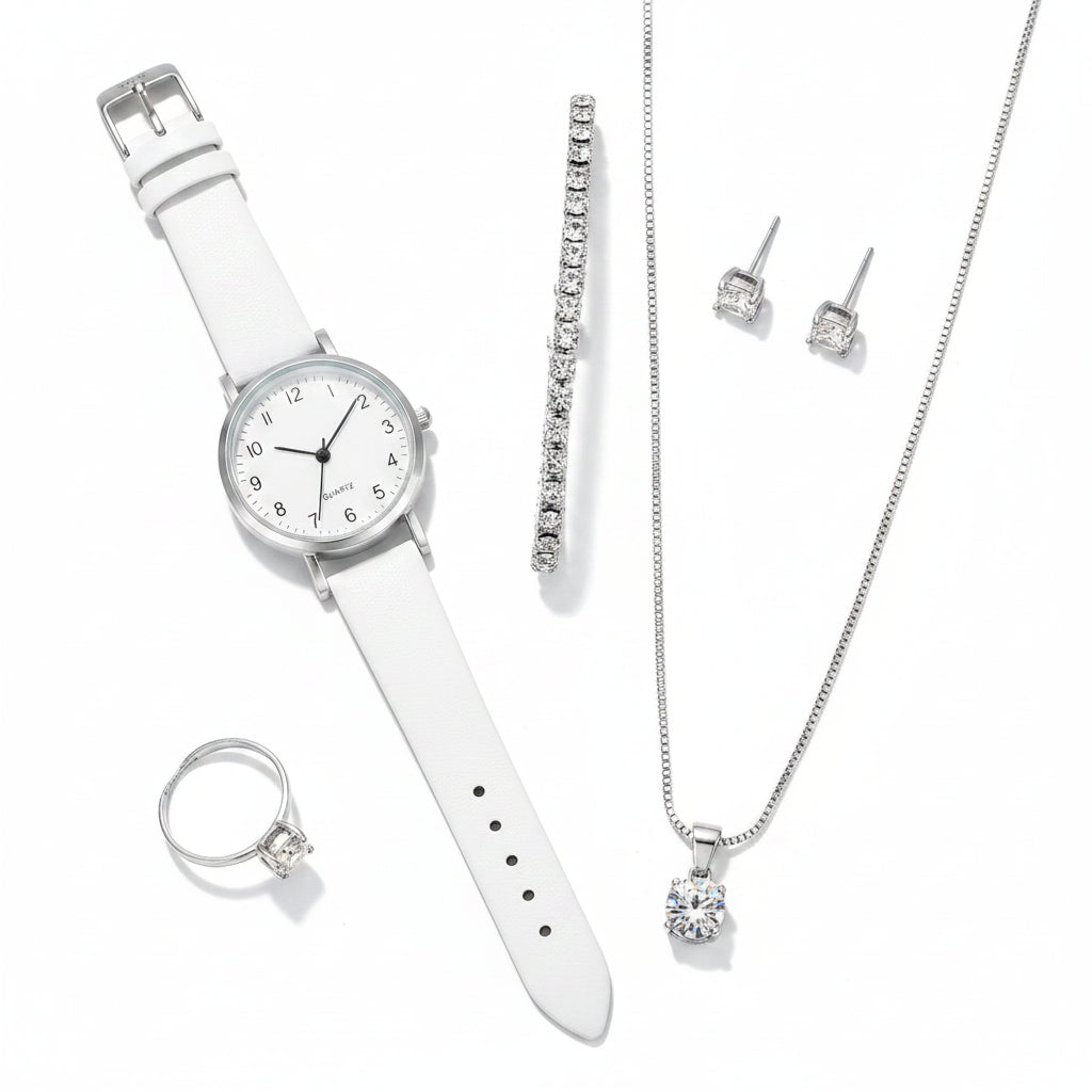 Set  Relojes Mujer Cuarzo — Correa de Piel y Joyería con Diamantes