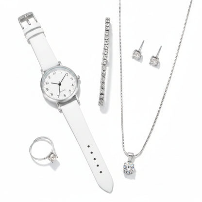 Set  Relojes Mujer Cuarzo — Correa de Piel y Joyería con Diamantes