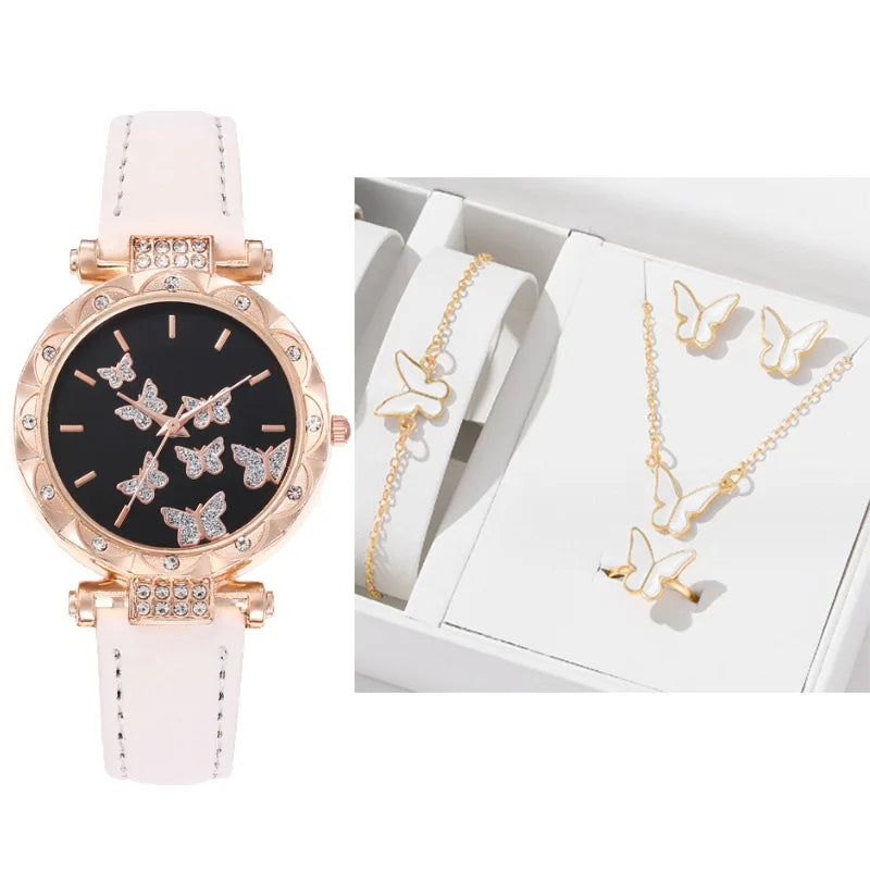 Set Reloj Mariposa con Correa de Cuero y Joyería