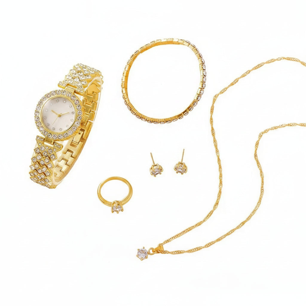Set 6 Piezas Reloj de Lujo con Strass y Pulsera