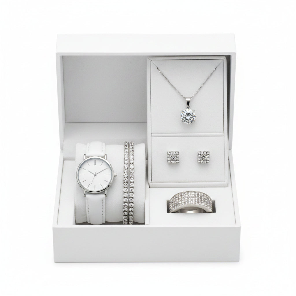Set  Relojes Mujer Cuarzo — Correa de Piel y Joyería con Diamantes