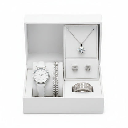 Set  Relojes Mujer Cuarzo — Correa de Piel y Joyería con Diamantes