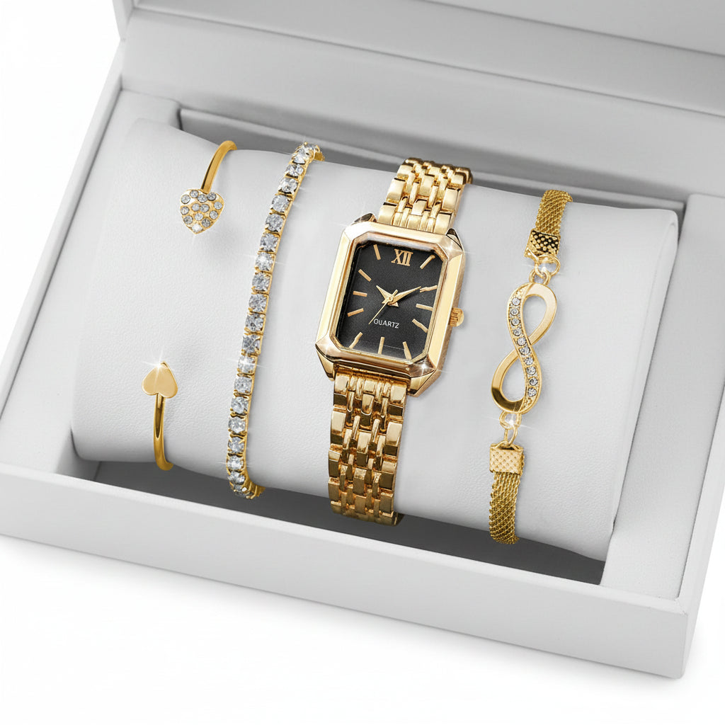 Set 4 Relojes y Pulseras Mujer — Esfera Rectangular Romana