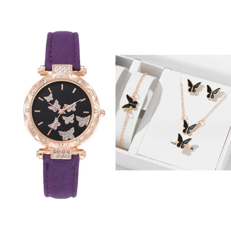 Set Reloj Mariposa con Correa de Cuero y Joyería