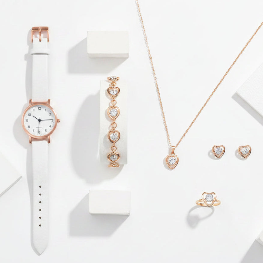 Set  Relojes Mujer Cuarzo — Correa de Piel y Joyería con Diamantes