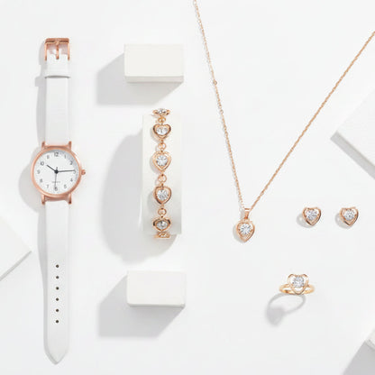 Set  Relojes Mujer Cuarzo — Correa de Piel y Joyería con Diamantes