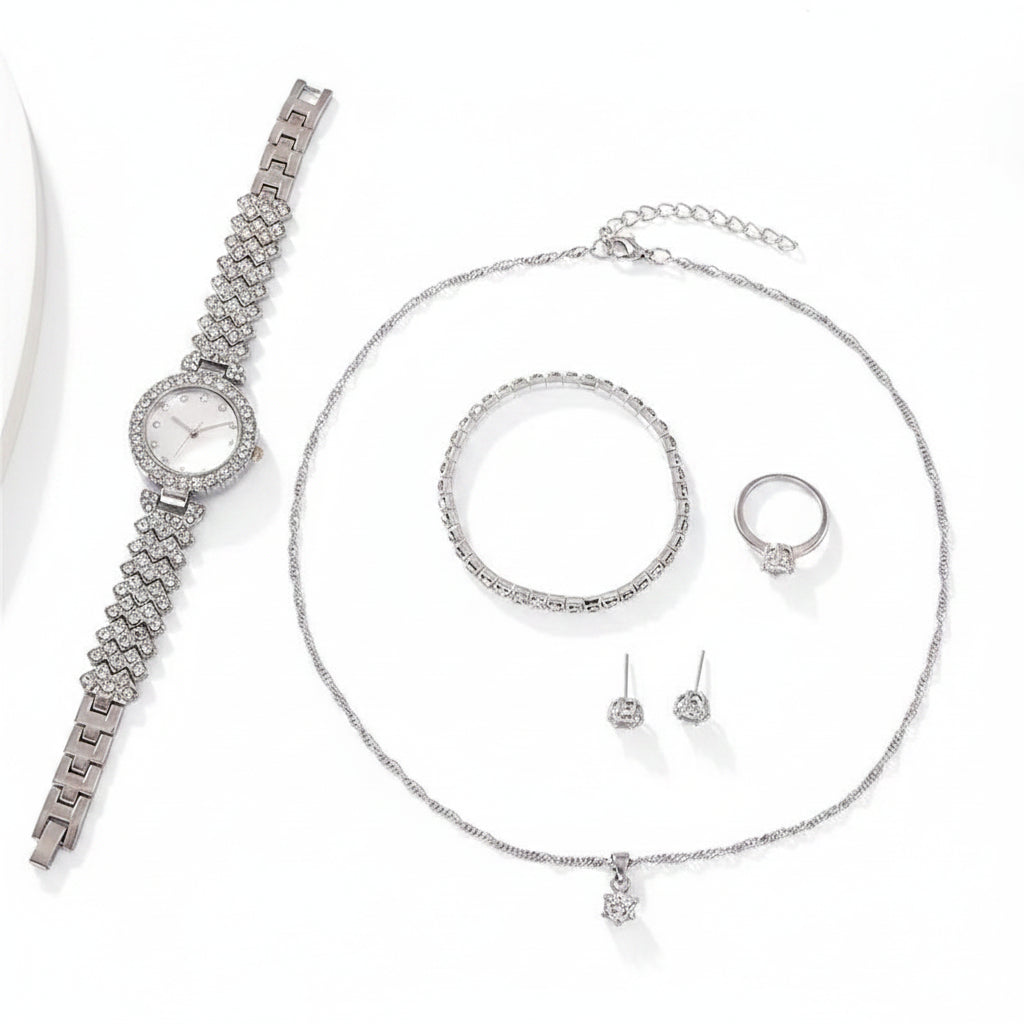 Set 6 Piezas Reloj de Lujo con Strass y Pulsera