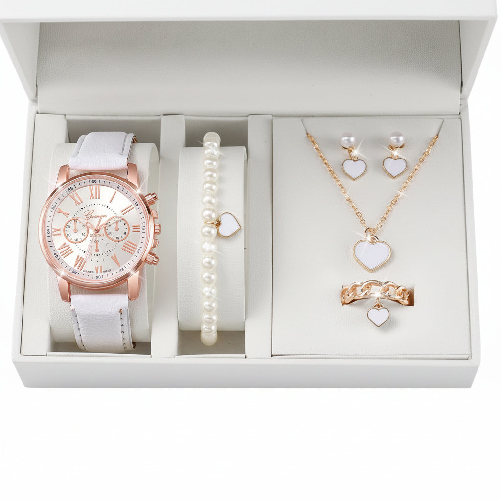 Set 6 Piezas Reloj de Cuarzo con Corazón de Strass y Joyería