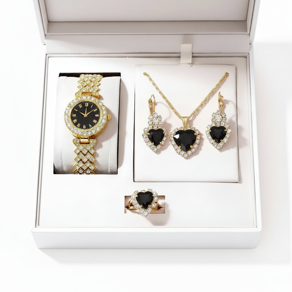Set Reloj Dorado de Lujo con Strass y Joyería