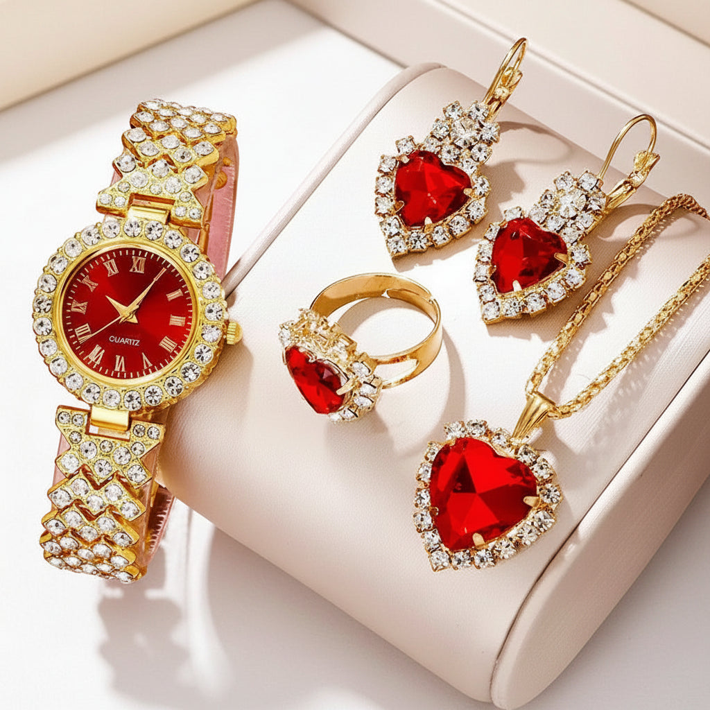 Set Reloj Dorado de Lujo con Strass y Joyería