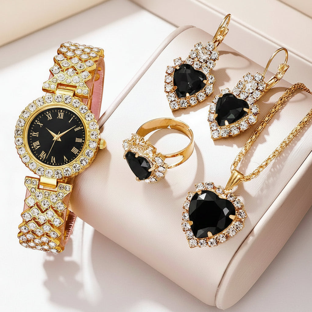 Set Reloj Dorado de Lujo con Strass y Joyería