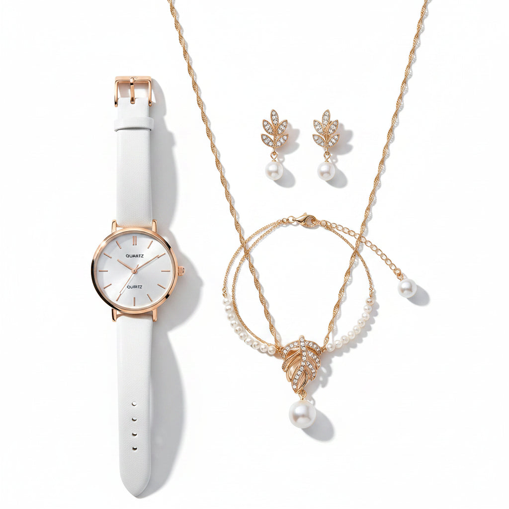 Set  Relojes Mujer Cuarzo — Correa de Piel y Joyería con Diamantes
