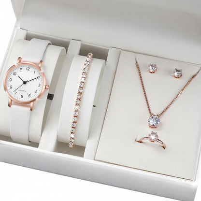 Set  Relojes Mujer Cuarzo — Correa de Piel y Joyería con Diamantes
