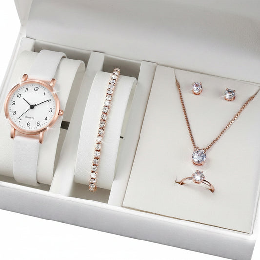 Set  Relojes Mujer Cuarzo — Correa de Piel y Joyería con Diamantes