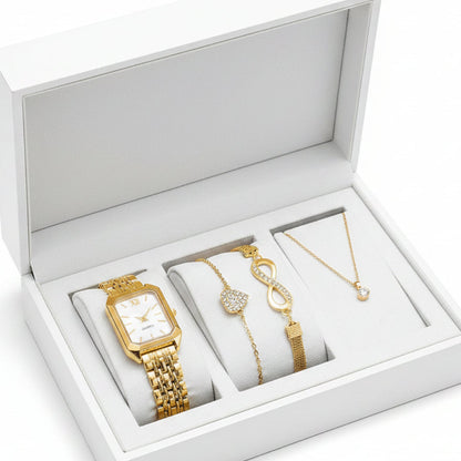Set 4 Relojes y Pulseras Mujer — Esfera Rectangular Romana