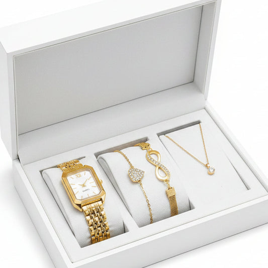 Set 4 Relojes y Pulseras Mujer — Esfera Rectangular Romana
