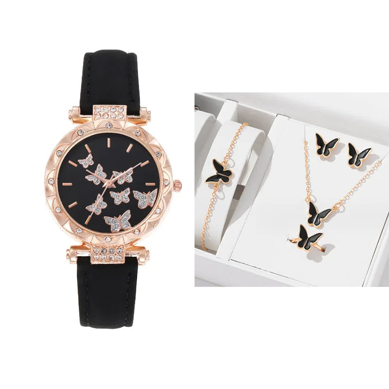 Set Reloj Mariposa con Correa de Cuero y Joyería