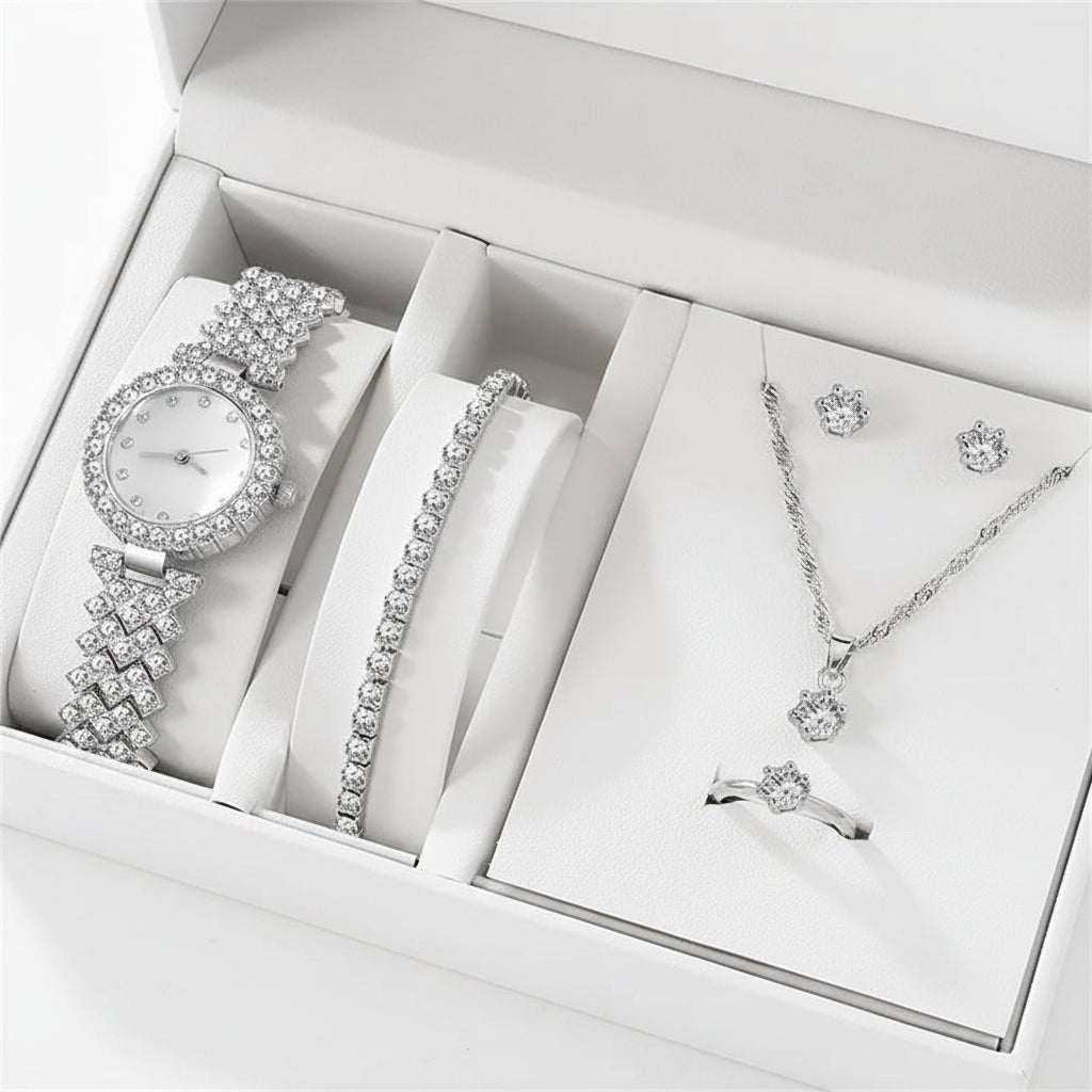 Set 6 Piezas Reloj de Lujo con Strass y Pulsera