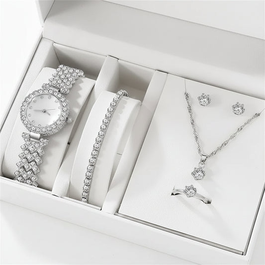 Set 6 Piezas Reloj de Lujo con Strass y Pulsera