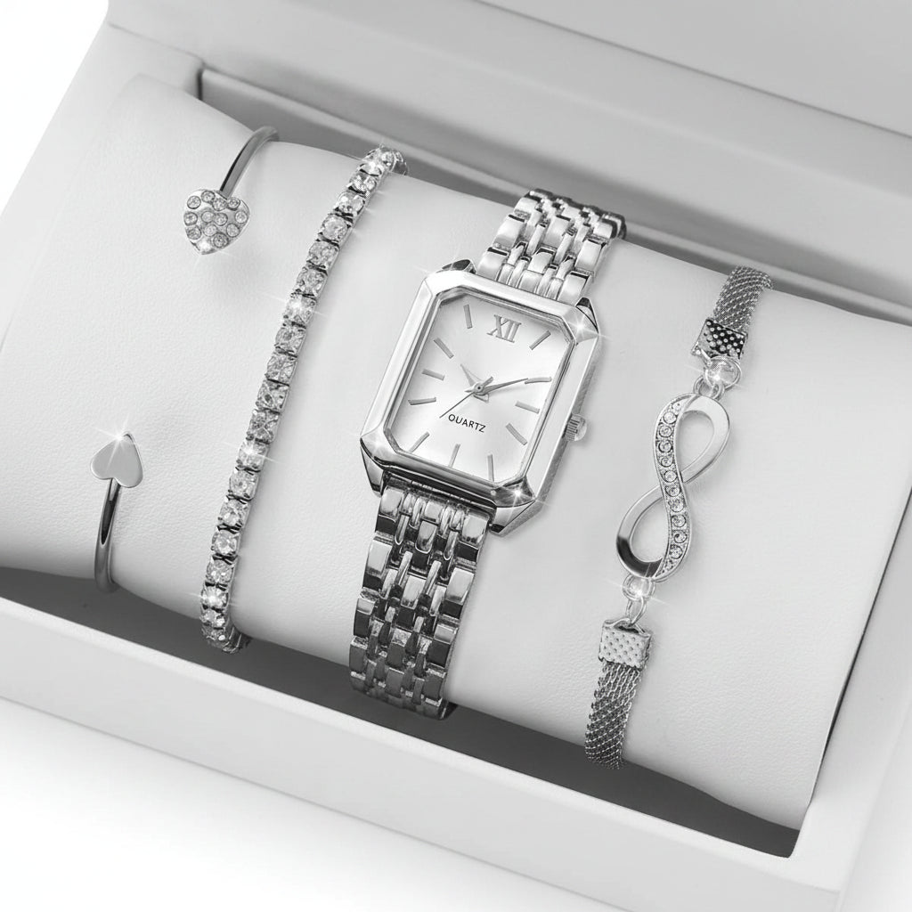 Set 4 Relojes y Pulseras Mujer — Esfera Rectangular Romana