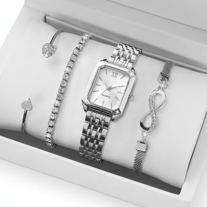Set 4 Relojes y Pulseras Mujer — Esfera Rectangular Romana