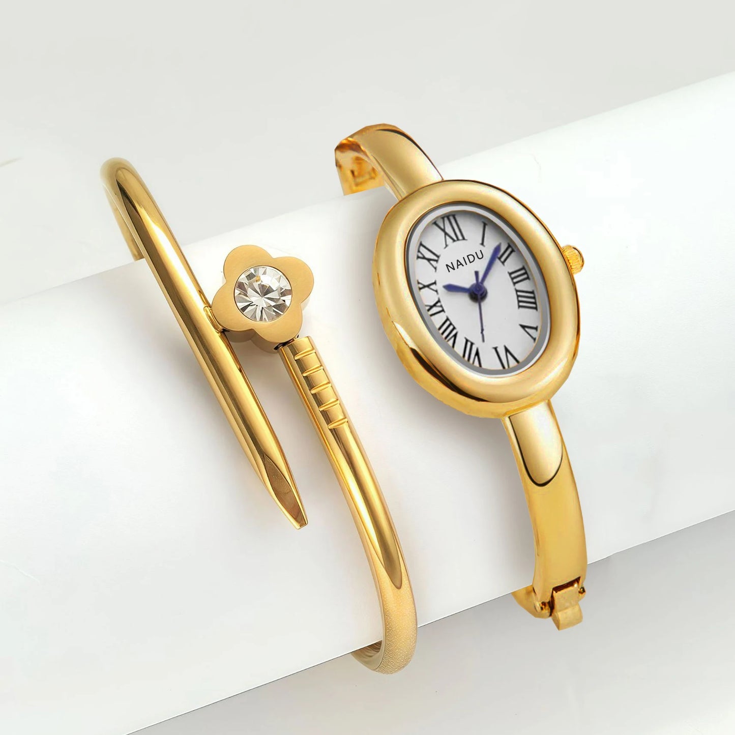 Set Reloj Retro de Cuarzo con Pulsera de Acero