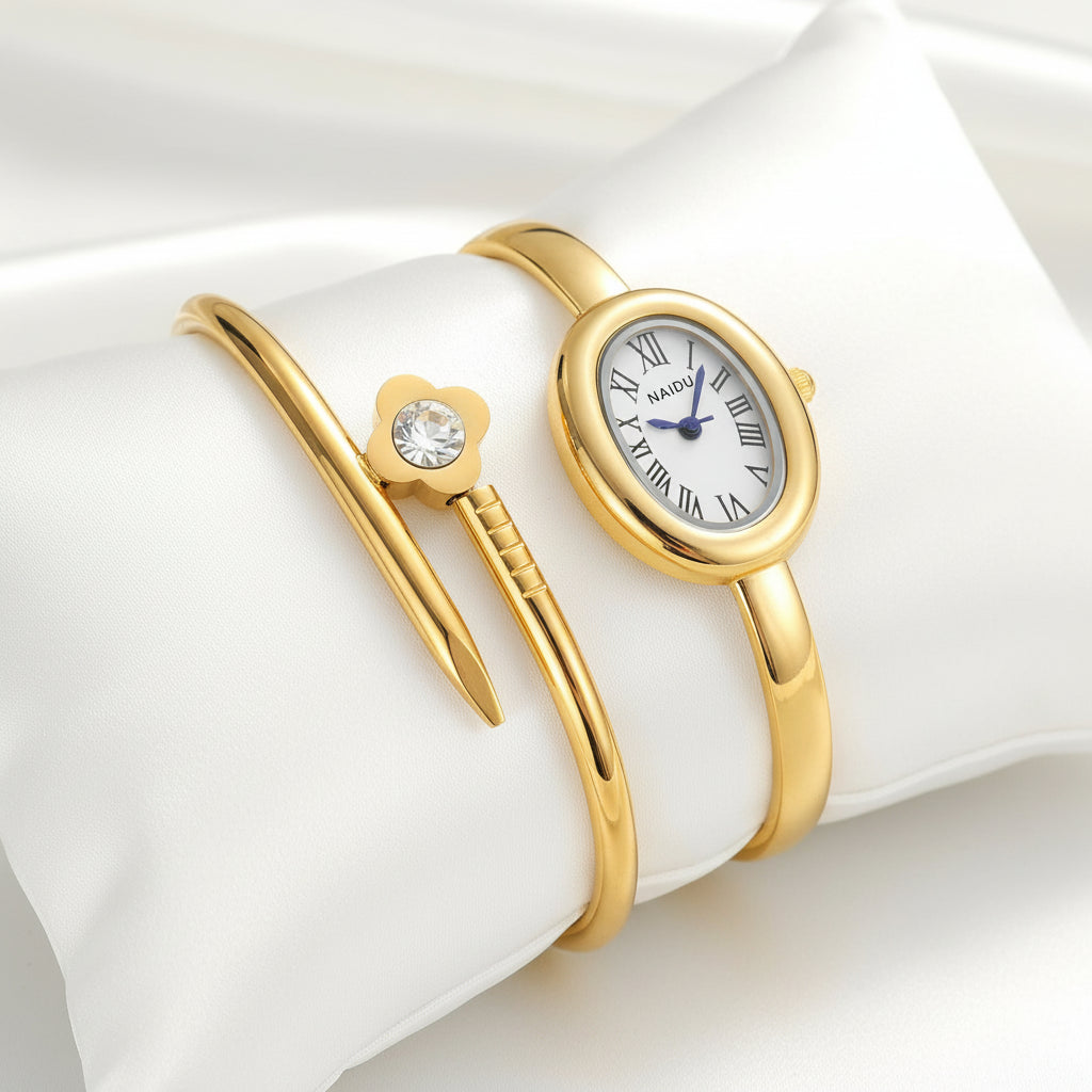 Set Reloj Retro de Cuarzo con Pulsera de Acero