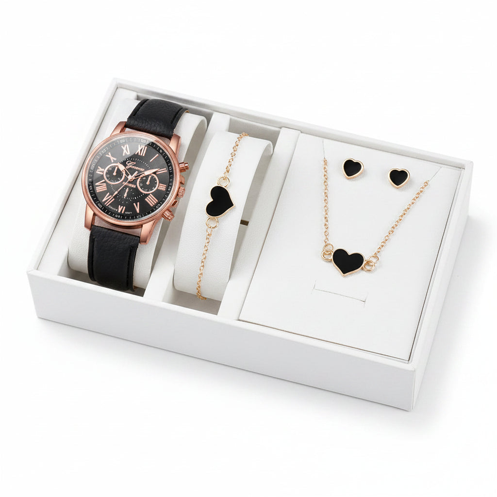 Set 6 Piezas Reloj de Cuarzo con Corazón de Strass y Joyería