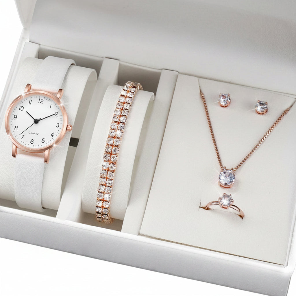Set  Relojes Mujer Cuarzo — Correa de Piel y Joyería con Diamantes