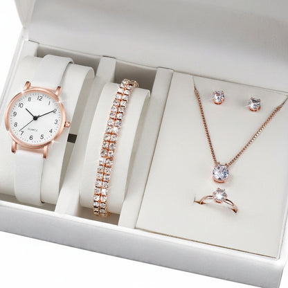 Set  Relojes Mujer Cuarzo — Correa de Piel y Joyería con Diamantes