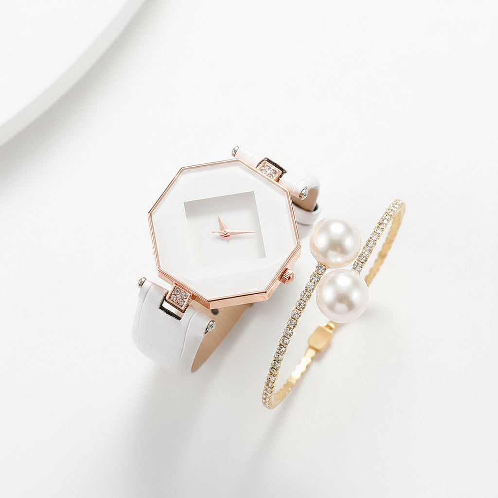 Set 2 Relojes Mujer Cuarzo — Correa de Piel y Pulsera de Perlas