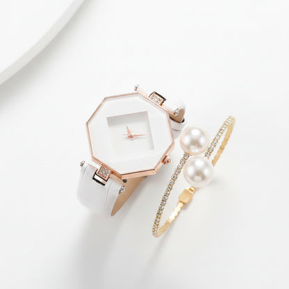 Set 2 Relojes Mujer Cuarzo — Correa de Piel y Pulsera de Perlas