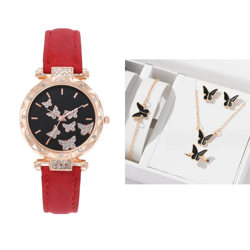 Set Reloj Mariposa con Correa de Cuero y Joyería