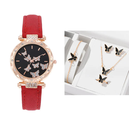 Set Reloj Mariposa con Correa de Cuero y Joyería