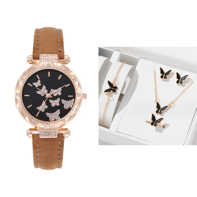 Set Reloj Mariposa con Correa de Cuero y Joyería