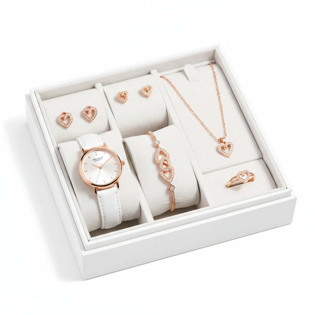 Set  Relojes Mujer Cuarzo — Correa de Piel y Joyería con Diamantes