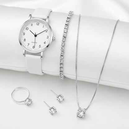 Set  Relojes Mujer Cuarzo — Correa de Piel y Joyería con Diamantes